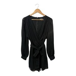 Express Black Swiss Dot Romper Size Medium Belted Faux Wrap Pleated